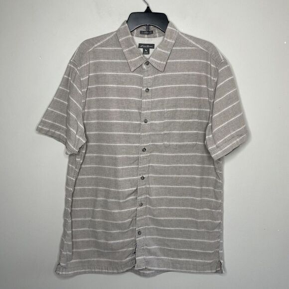 EDDIE BAUER Shirt Mens XL Linen Cotton Button-Up Tan Striped Classic Fit - Picture 1 of 7